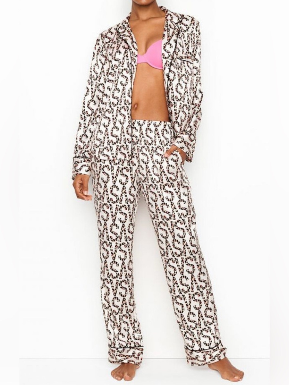 Victoria's Secret Satin Pajama Set Leopard-Print VS Logo